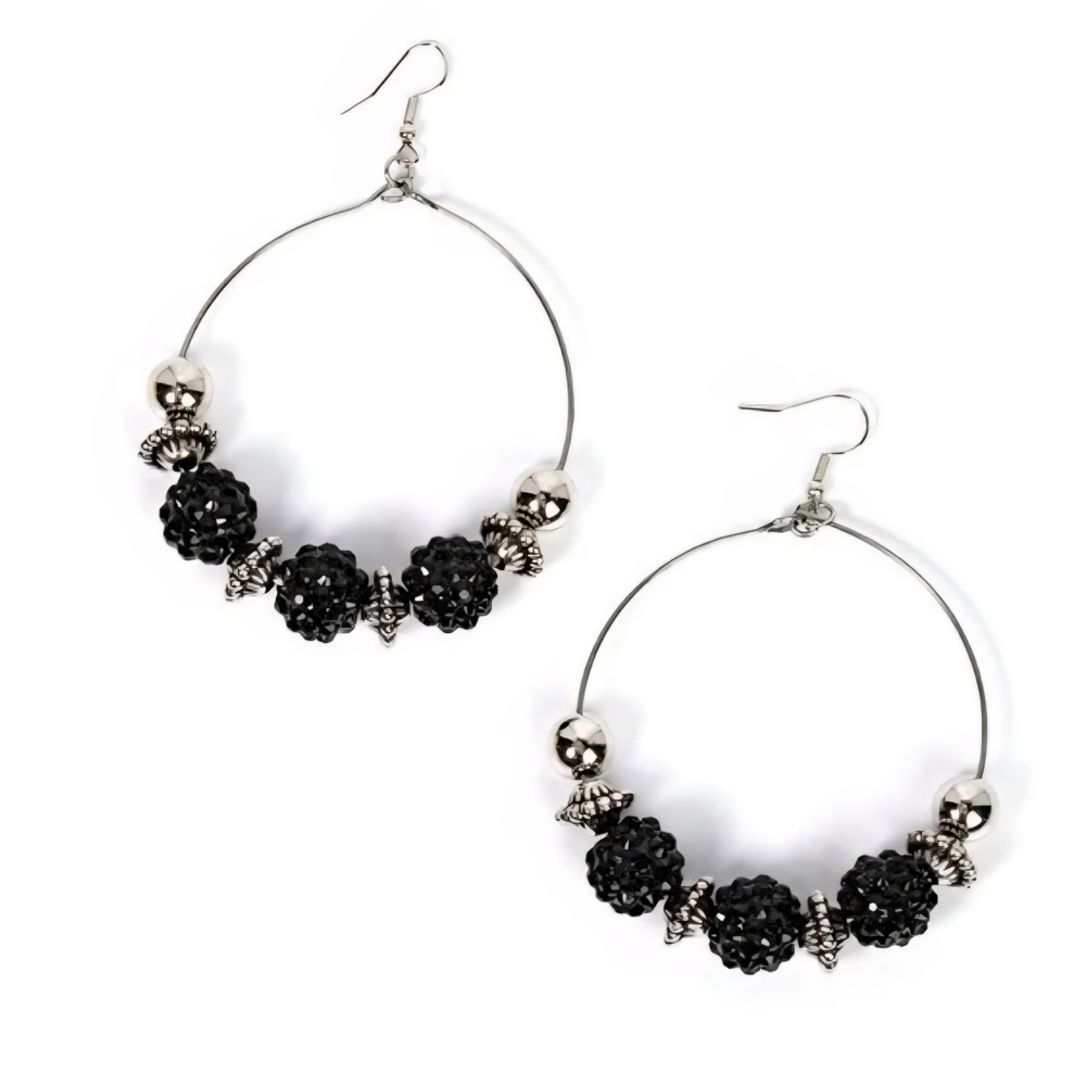 Paparazzi Black Beaded Hoop Earrings with Silver Accents